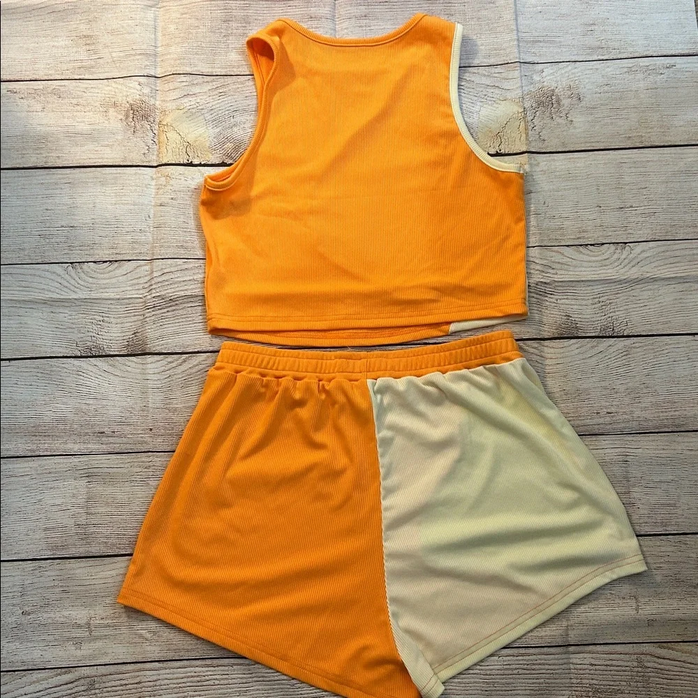 SHEIN Orange & Cream Ribbed Athletic Short and Tank Set - Picture 3 of 4